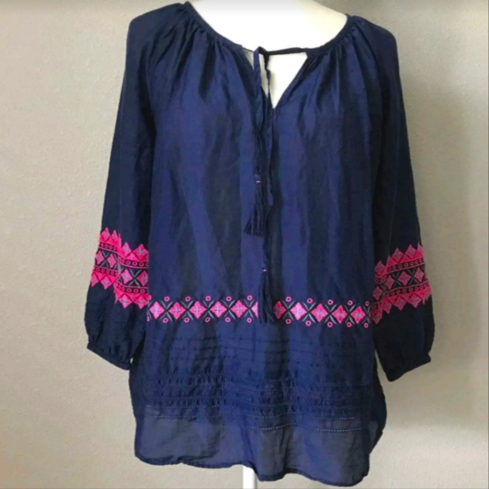 Vineyard Vines- Woven Embroidered Tunic Top 3/4 Sleeve, sz. S